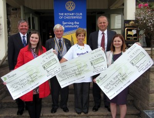 President John Roberts presents cheques (from l to r) to Lucy King, community fundraiser for Weston Park Cancer Charity, Helen Mower, head of fundraising for Bluebell Wood Children's Hospice, and Ester Preston, director of fundraising and marketing for Ashgate Hospice. Also pictured past president Stuart Bradley (left) and Tony Cordon of Autoworld