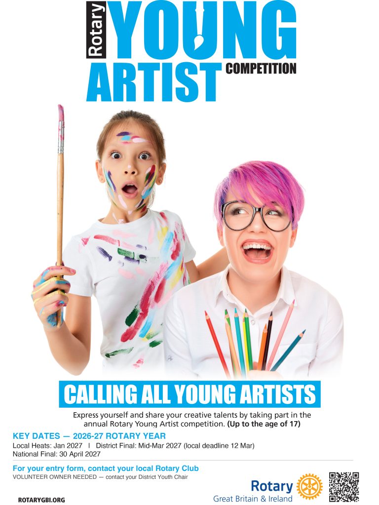Poster for the Rotary Young Artist Competition featuring a child and an adult with paint on their faces. Includes competition deadlines for 2027 and a QR code.