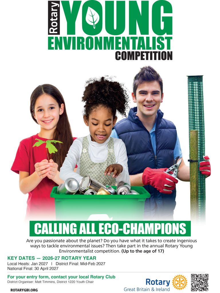 Poster for the Rotary Young Environmentalist Competition, featuring three young people sorting recyclables and planting trees, including key competition dates and website information.