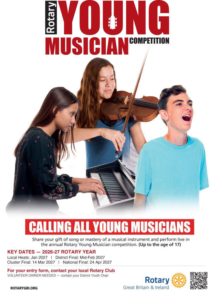 Rotary Young Musician Competition flyer showing a young violinist, pianist, and singer, with competition dates from January to April 2027 and a QR code for entry information.