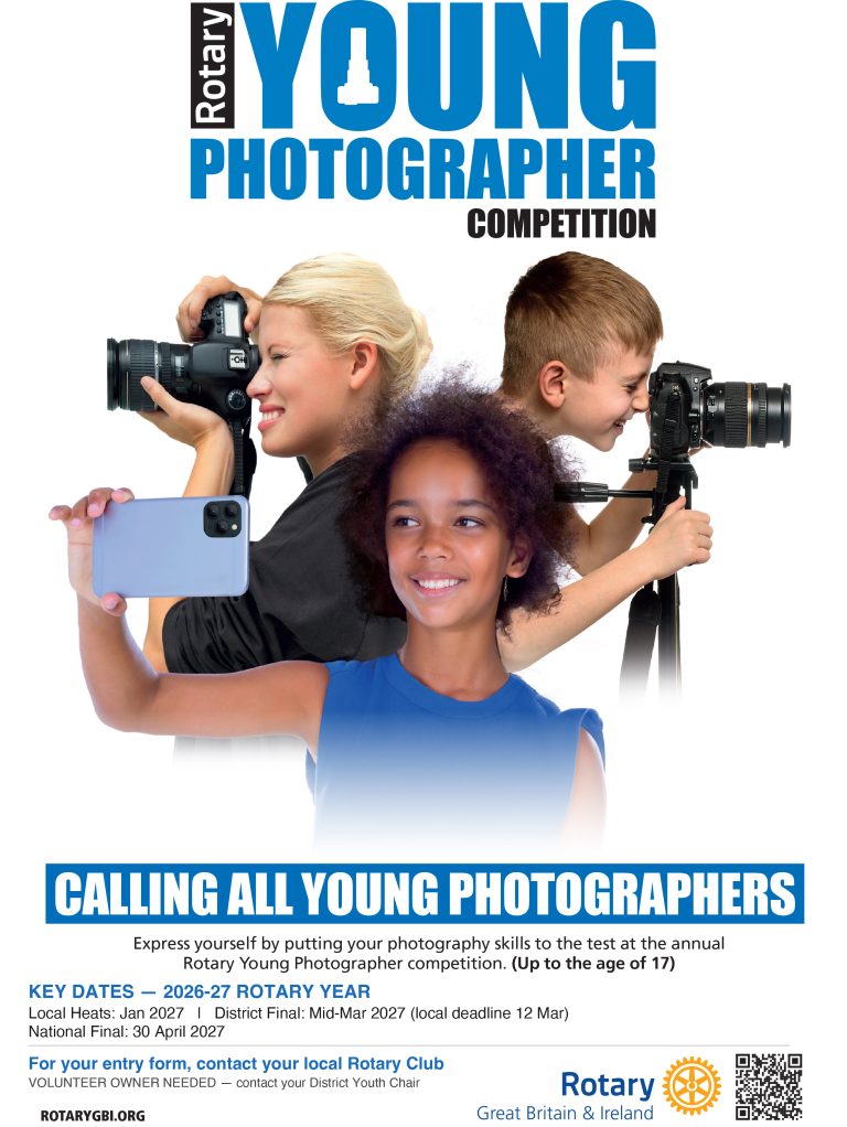 Flyer for the Rotary Young Photographer Competition, featuring three children with cameras, competition dates for 2027, and instructions to contact a local Rotary club for entry forms.