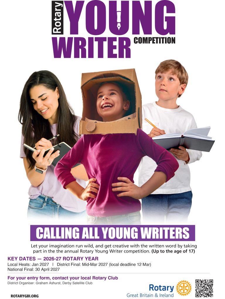 Poster for the Rotary Young Writer Competition, showing three children writing and featuring key competition dates from January to April 2027.